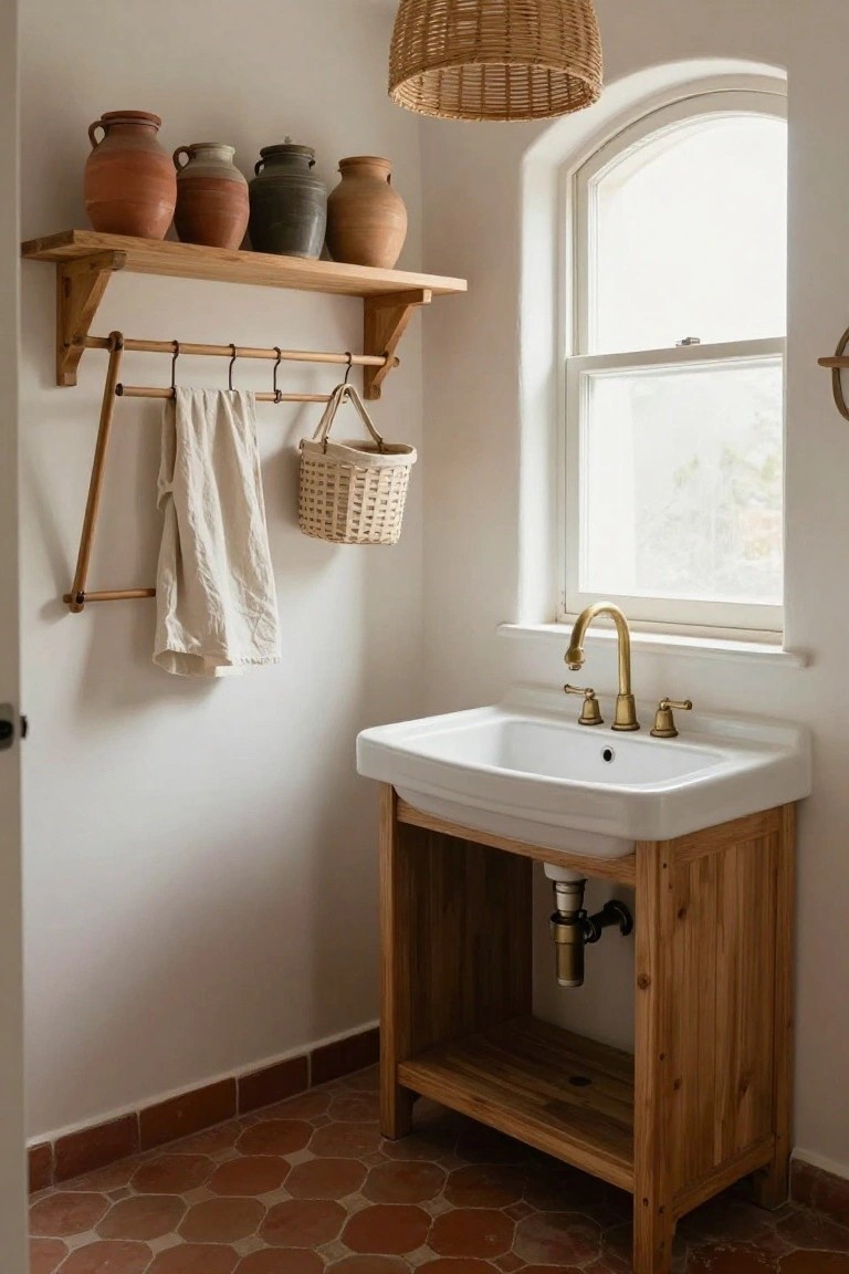 A small bathroom with white farmhouse sink on wooden vanity cabinet, exposed plumbing, terracotta octagonal floor tiles, wooden wall shelf displaying four clay pots, towel rod with linen towel and basket, rattan pendant lamp, and arched white window.