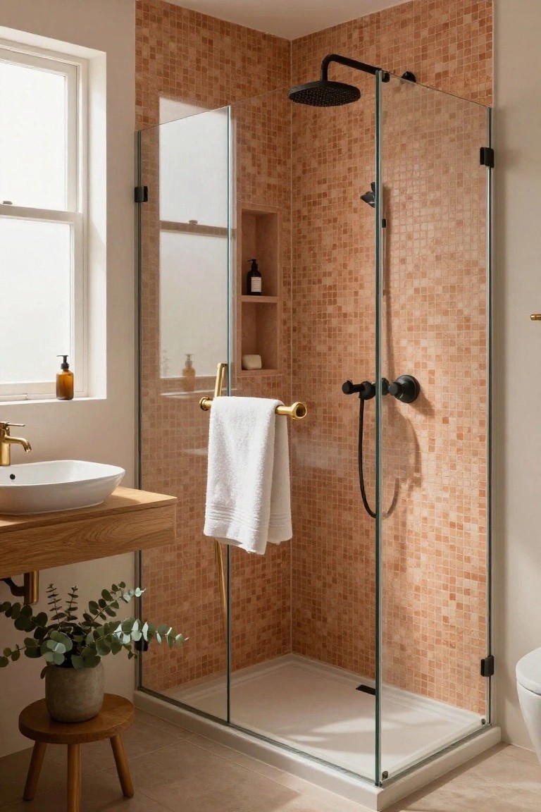 Modern bathroom with orange terracotta mosaic tiled walls around a glass shower enclosure, black showerhead and fixtures, wooden wall-mounted vanity with white sink, white towel on gold rail, eucalyptus plant in pot on small wooden stool, and white toilet.
