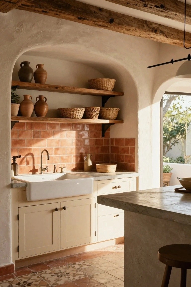 Kitchen interior with orange terracotta tile backsplash and floor, white farmhouse sink, cream cabinets, wooden shelves with terracotta pots and woven baskets, concrete island, arched niche, and window to outdoors.