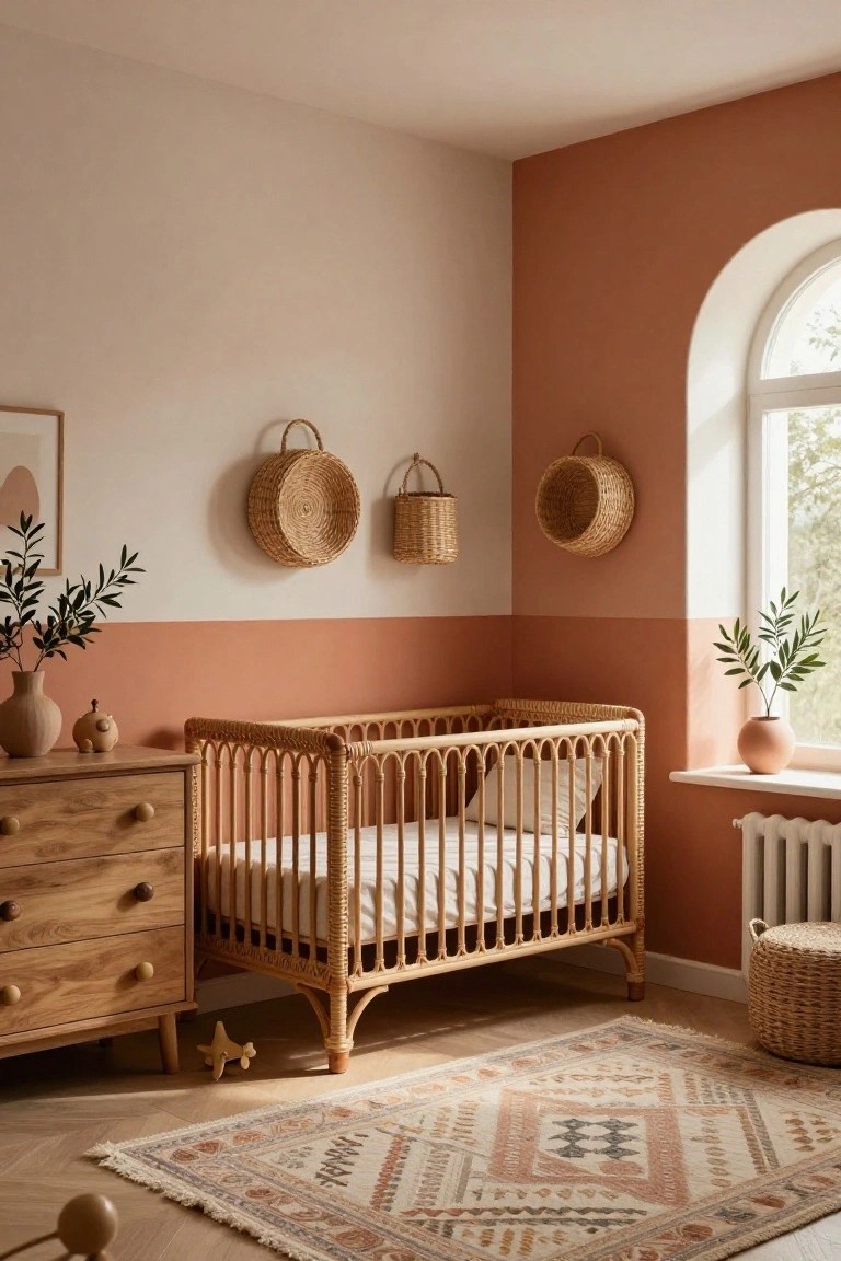 A cozy nursery interior with a rattan crib, wooden dresser, terracotta-painted walls, woven wall baskets, potted plants, and a patterned rug on hardwood floors.