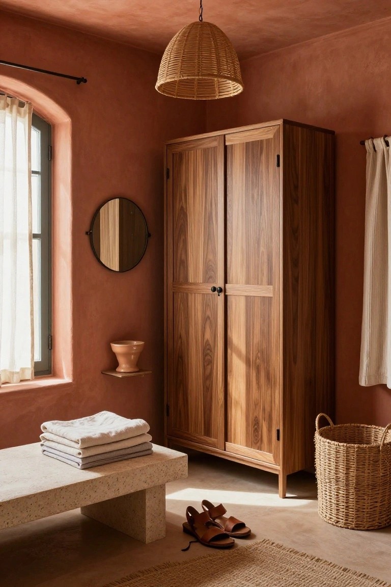 Terracotta plaster walls in a bedroom with tall wooden wardrobe, round black mirror, arched window with sheer curtains, stone bench holding folded linens, woven basket, sandals on the floor, and rattan pendant lamp overhead.