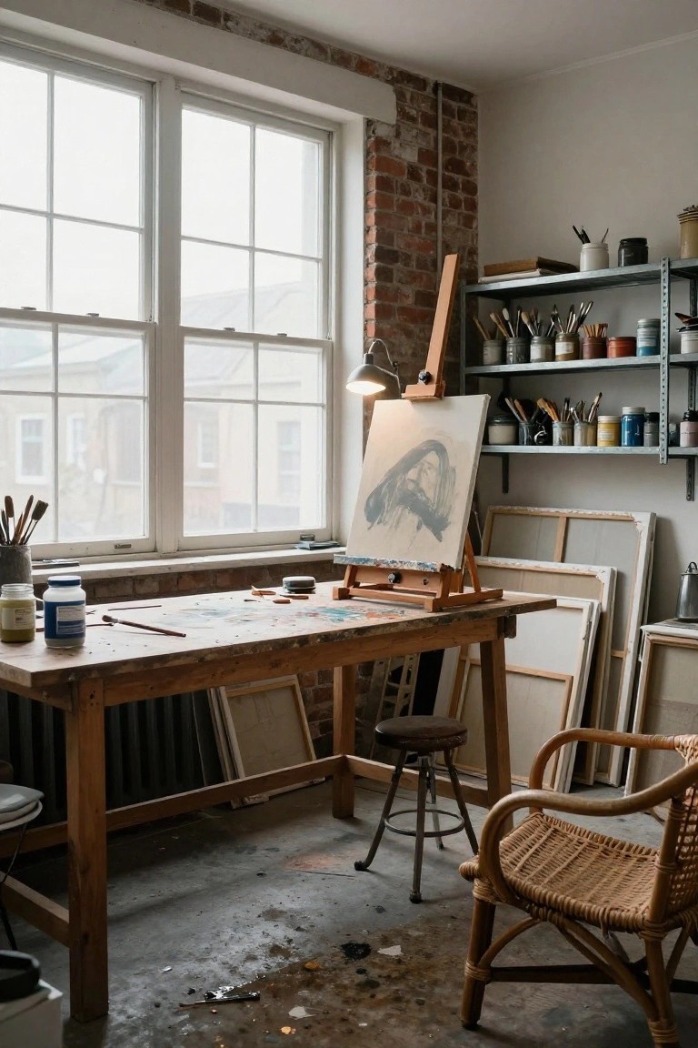 Artist's studio interior featuring a canvas on an easel, wooden worktable with paints and brushes, open metal shelves stocked with supplies, exposed brick wall, large multipane windows, wooden stool and rattan chair on concrete floor.