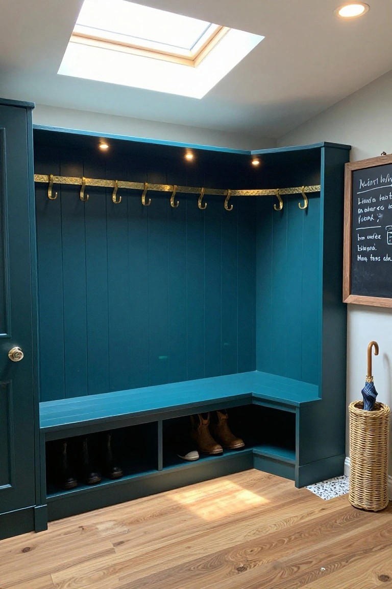Teal corner cabinet with gold coat hooks above a bench and boot storage cubbies, umbrella stand nearby, on oak flooring under a skylight.