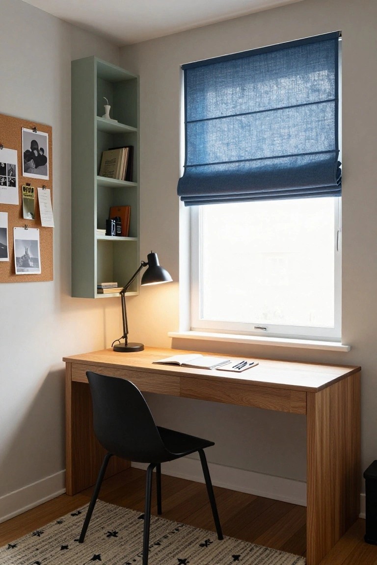 Corner room setup with wooden desk, black ergonomic chair, mint green wall-mounted shelving unit stocked with books and decor, black desk lamp, corkboard, and blue roman shade on window over beige walls and wood floor.