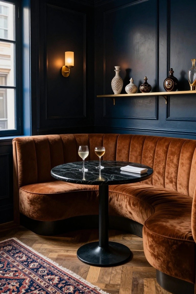 Navy blue paneled interior corner with burnt orange velvet curved banquette seating around a small black marble pedestal table holding two white wine glasses and a white napkin, plus shelves of decorative vases and a wall lamp.