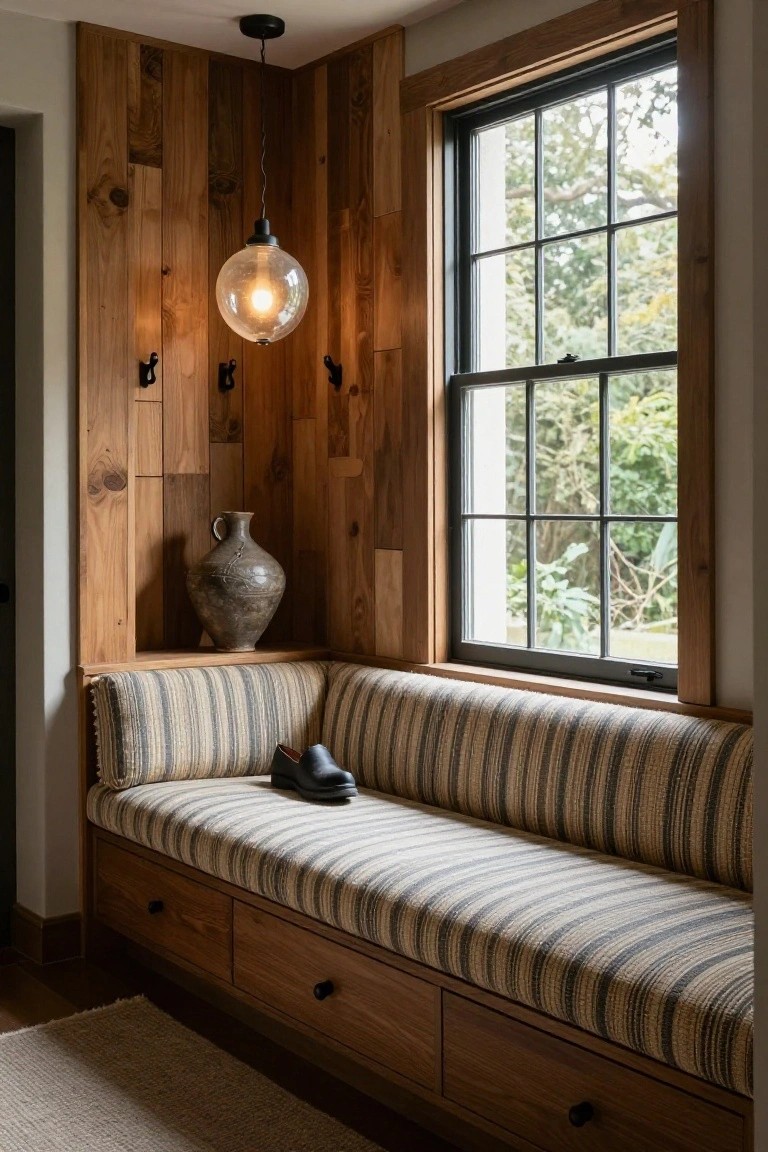 Wood-paneled corner with large black-framed window overlooking greenery, glass globe pendant light, wall hooks, ceramic vase on shelf, built-in bench with striped cushions and a shoe on it, wooden drawers below, jute rug on hardwood floor.