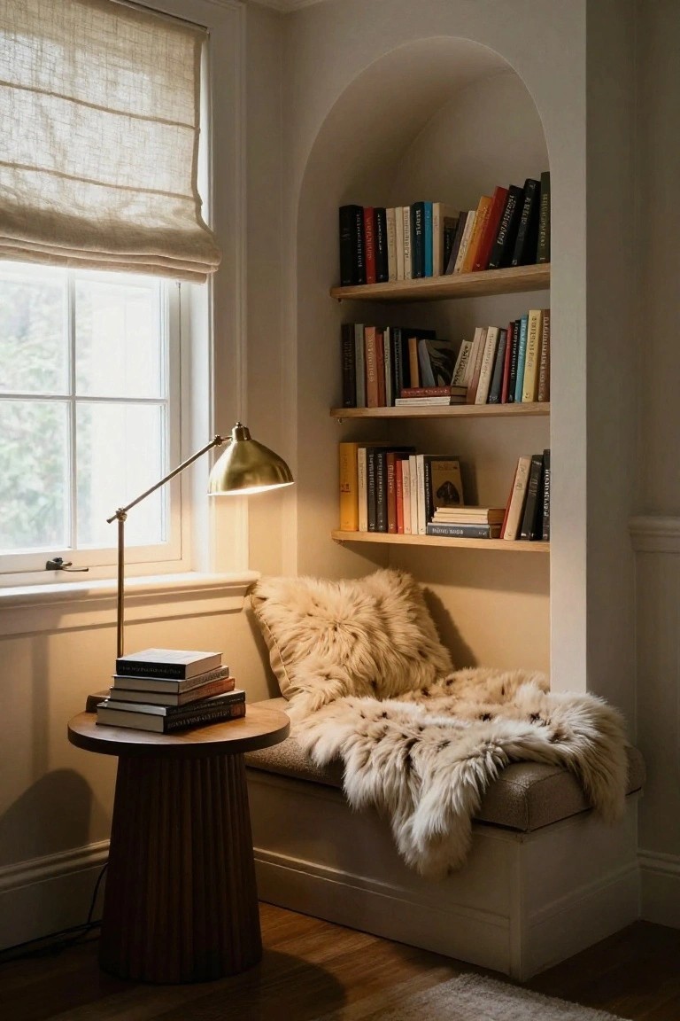 Arched built-in bookshelves in a light-colored alcove with a window, brass arc lamp on a wooden pedestal table holding stacked books next to a cushioned bench draped in a shaggy fur throw.