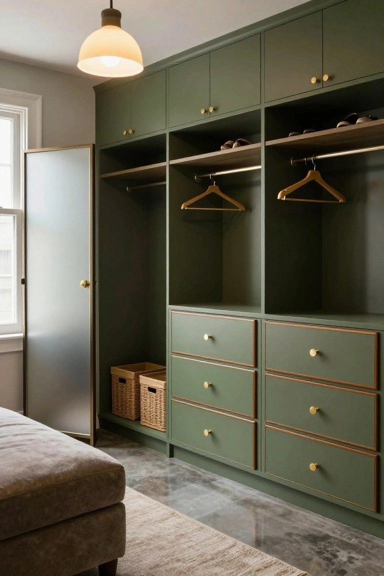 Open walk-in closet with olive green built-in cabinets, brass knobs on drawers and doors, wooden shelves, hanging rods, shoes on upper shelves, and wicker baskets on the floor next to a frosted glass door.