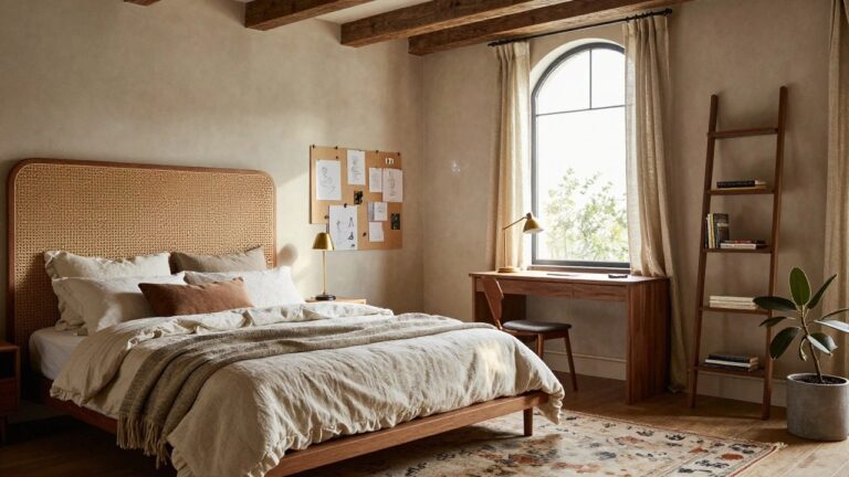 19 Inspiring Dream Room Ideas That Spark Creativity Light beige bedroom with exposed wooden ceiling beams, rattan headboard on bed with rumpled white linens and rust-colored pillows and throw, wooden desk and chair with brass lamp, books, and mug, multiple corkboards with sketches and notes on walls, potted plant near arched window with cream curtains, and patterned rug on floor.