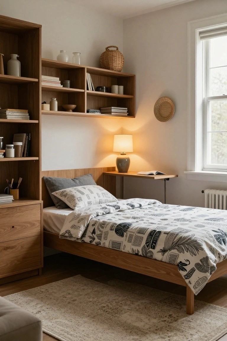 A cozy bedroom with tall wooden open shelving on the left holding books and ceramics, a wooden bed with gray patterned duvet and pillows, a wall-mounted wooden desk with an open book, a table lamp, and neutral walls and rug.