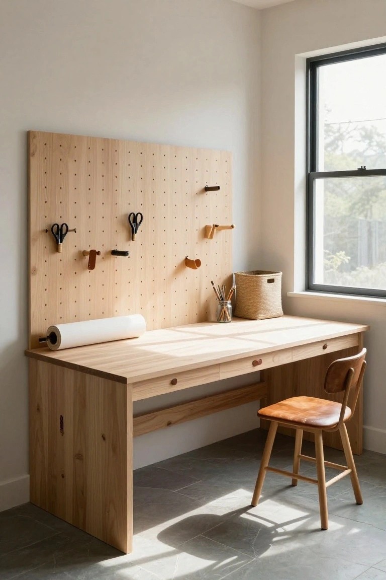 Light wood desk with pegboard, leather chair, and sunlit window.