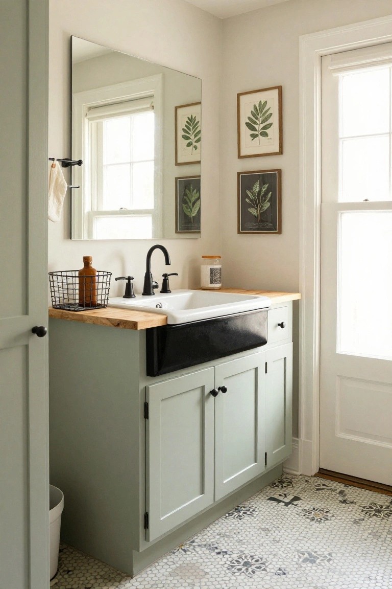 Sage green vanity with black farmhouse sink, wood countertop, and botanical wall art.