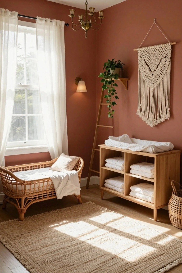 Nursery interior with terracotta walls, rattan bassinet crib on a seagrass rug, wooden changing dresser stocked with white linens, macrame wall hanging, potted trailing plant on a ladder shelf, sheer curtains at the window, and wall sconce.