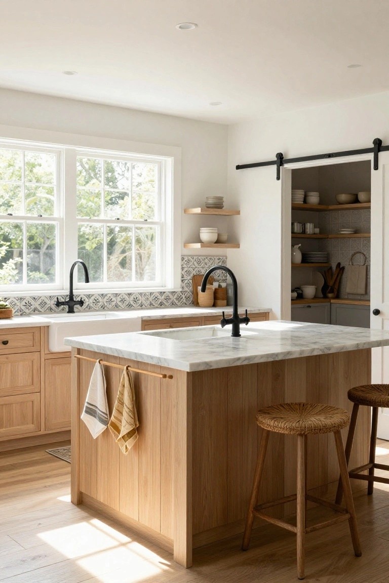 Bright kitchen with light wood cabinets, central wood island topped in white marble, black faucets at sink and island, blue tiled backsplash, farmhouse sink, rattan stools, and barn door pantry.
