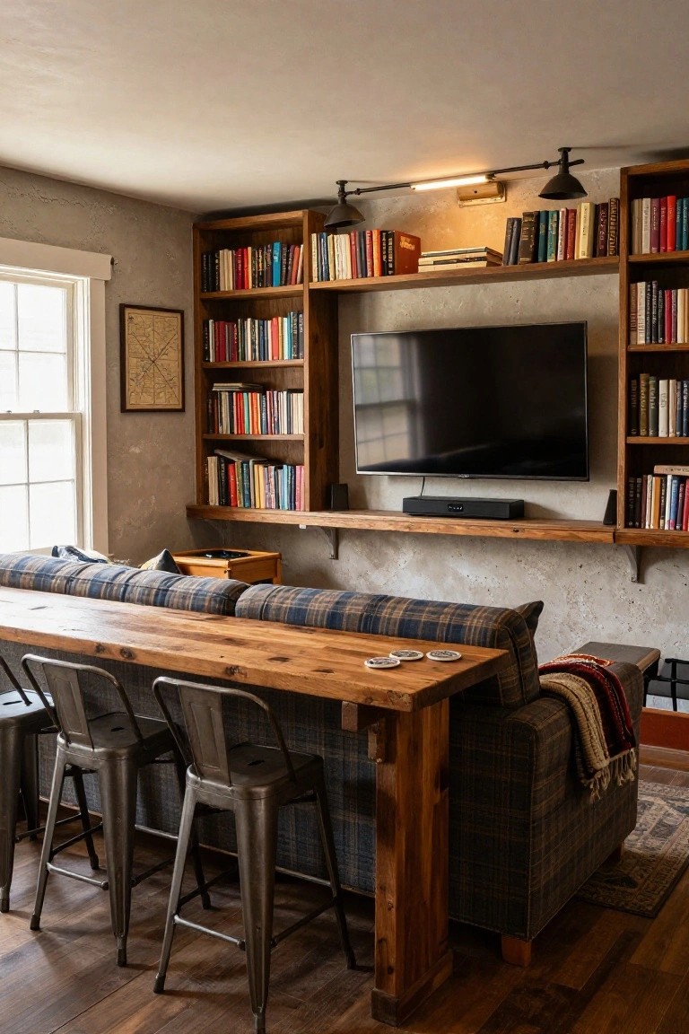 Wooden built-in bookshelves mounted on a wall flank a large flat-screen TV above a soundbar, with a wooden table, metal stools, and plaid couch in a cozy living room.