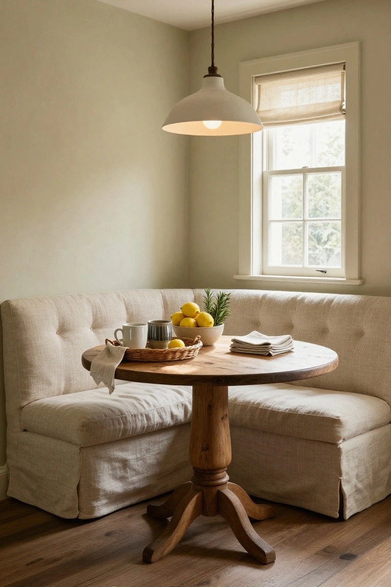 Corner banquette with cream tufted benches around a round wooden pedestal table set with lemons, a mug, and napkins in a pale green room with window and pendant light.