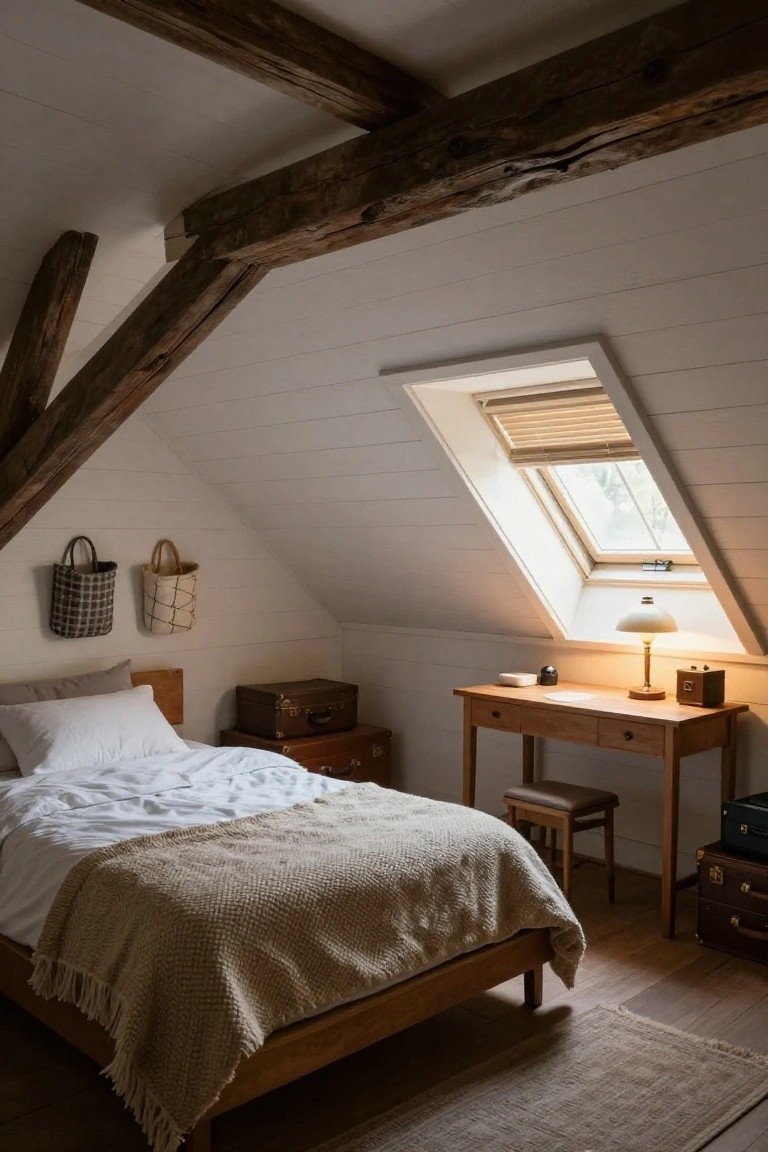 Attic bedroom with dark exposed wooden beams on white shiplap sloped ceiling, wooden bed draped in white sheets and beige knit throw, small wooden desk with lamp and papers, skylight window, vintage suitcases, and hanging bags on wall.