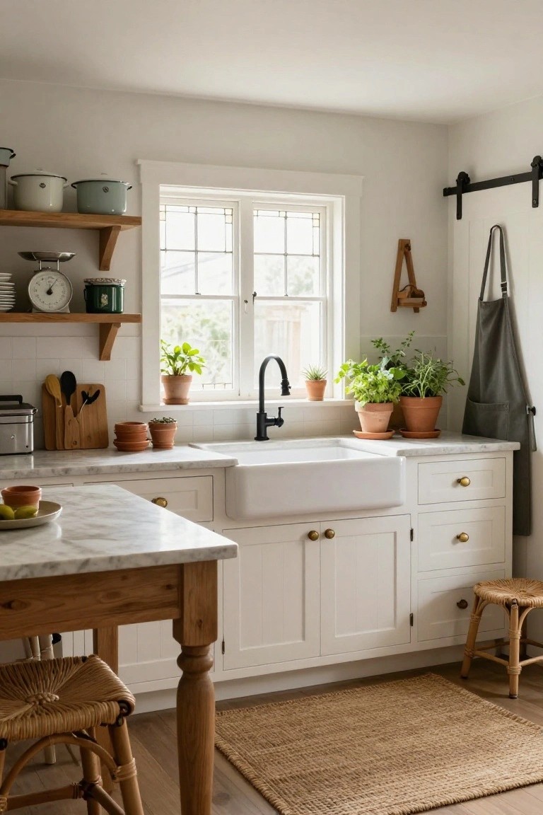Bright kitchen interior with white shaker-style cabinets, large white apron-front sink, marble countertop, potted plants on windowsill and counter, open wooden shelving with pots, wooden table with rattan stools, and seagrass rug.