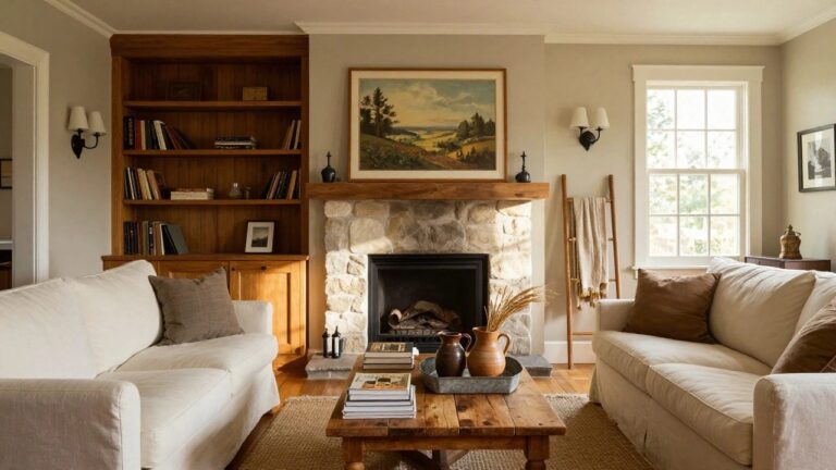 19 Inspiring Farmhouse Aesthetic Ideas For A Balanced Home Vibe Living room with central stone fireplace topped by wooden mantle holding pottery and wheat sheaf, flanked by white slipcovered sofas, wooden coffee table on seagrass rug, and ladder with throw blanket.