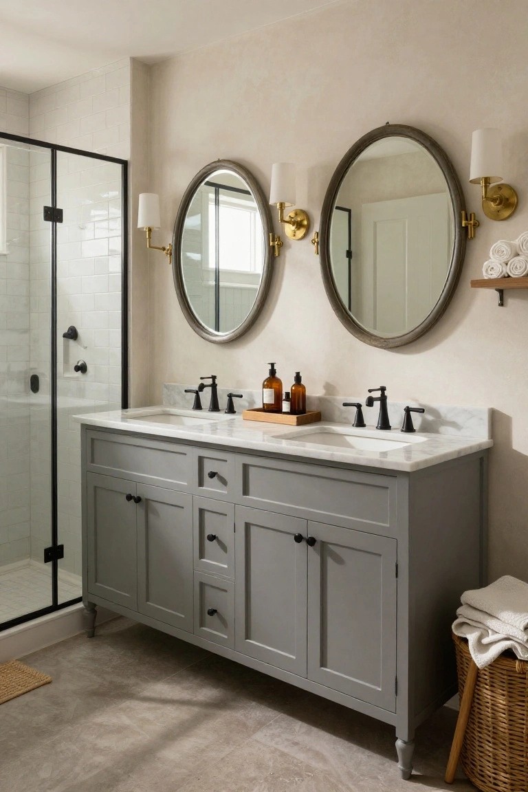 A farmhouse-style bathroom with a gray shaker double vanity on white marble countertop, two oval mirrors with wall sconces, black faucets and shower hardware, subway tile shower enclosure, and neutral walls.