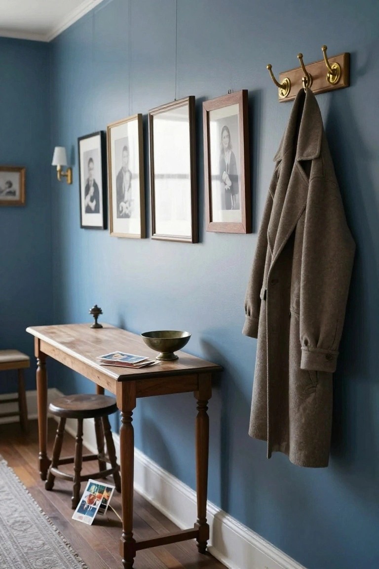 Blue-painted narrow interior hallway with vintage black-and-white framed portraits on the wall, wooden console table holding brass bowl and stacked photos, wooden stool underneath, and beige coat on brass wall hooks.