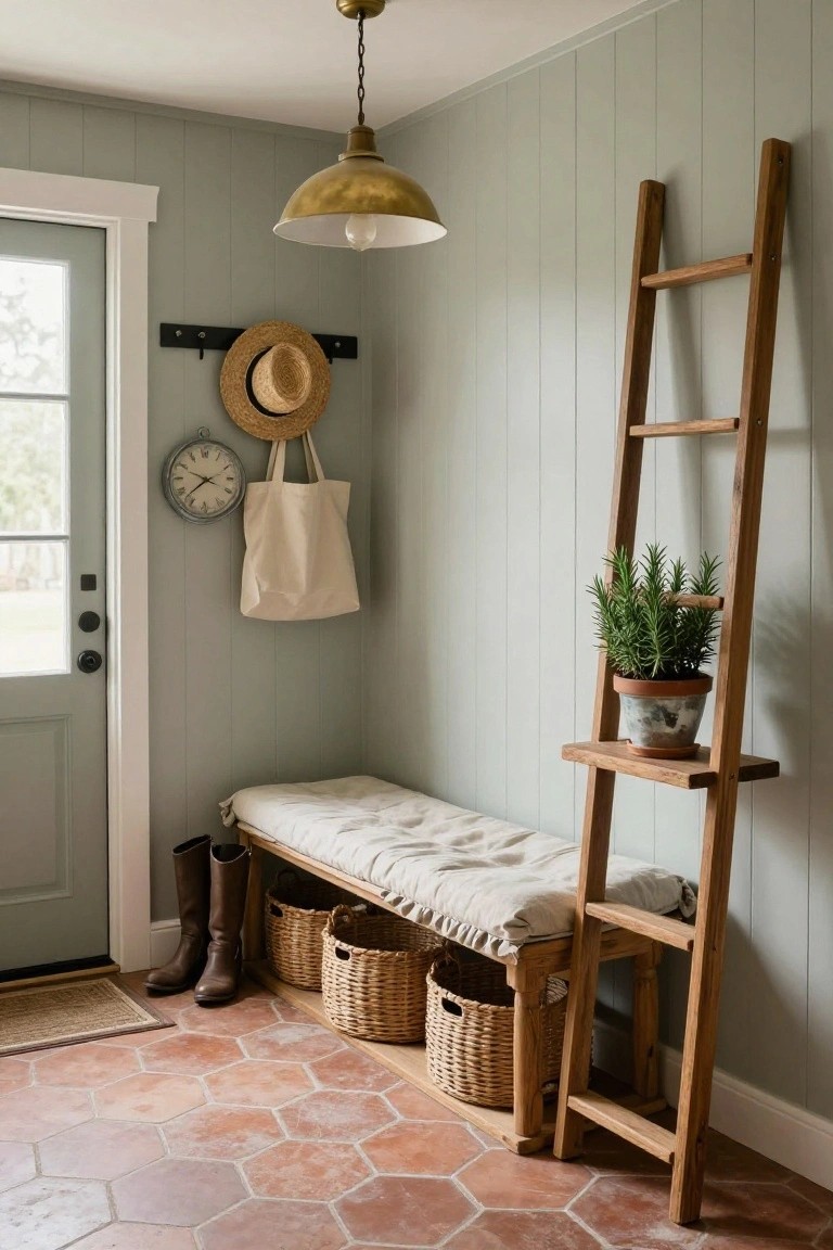 Entryway corner with pale green vertical plank walls, wooden bench topped with white cushions and seagrass baskets storing tall boots underneath, tall leaning wooden ladder shelf holding a potted rosemary plant in terracotta pot, wall clock, hanging straw hat and canvas tote bag, gold pendant light overhead, and hexagonal terracotta tile floor.