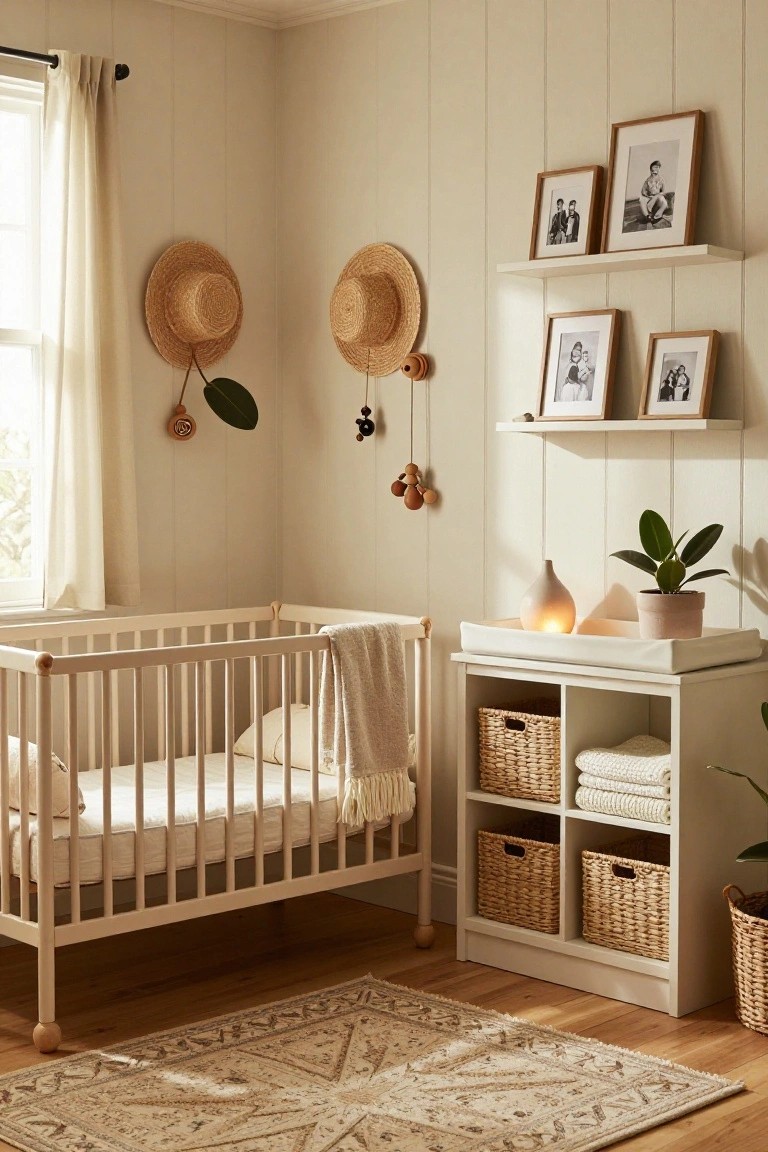 A light-colored nursery room with a white wooden crib, adjacent white dresser topped with a changing pad and containing wicker baskets, straw hats hanging on walls, wooden mobile, potted plants, and floating shelves with framed photos.