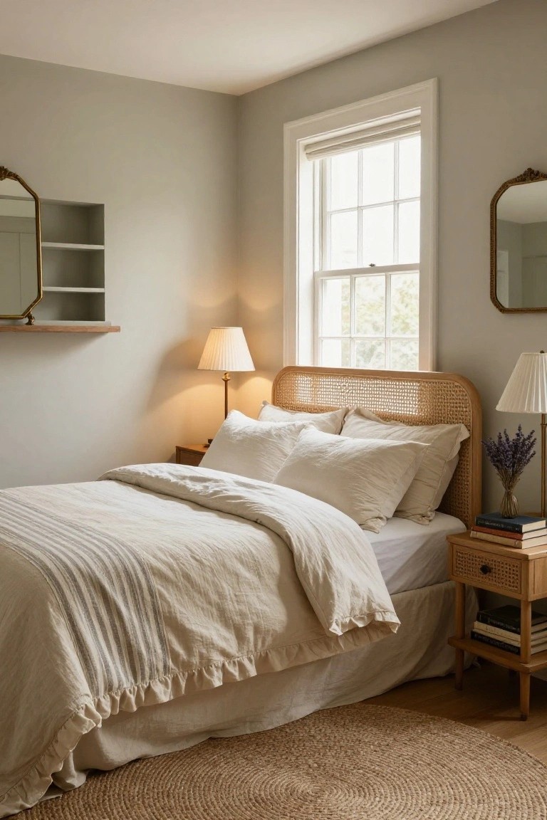 A sunlit bedroom corner with a rattan headboard bed covered in white linen bedding and pillows, two bedside lamps, wooden nightstand with stacked books, neutral walls, wall mirrors, and a round seagrass rug on wood floors.