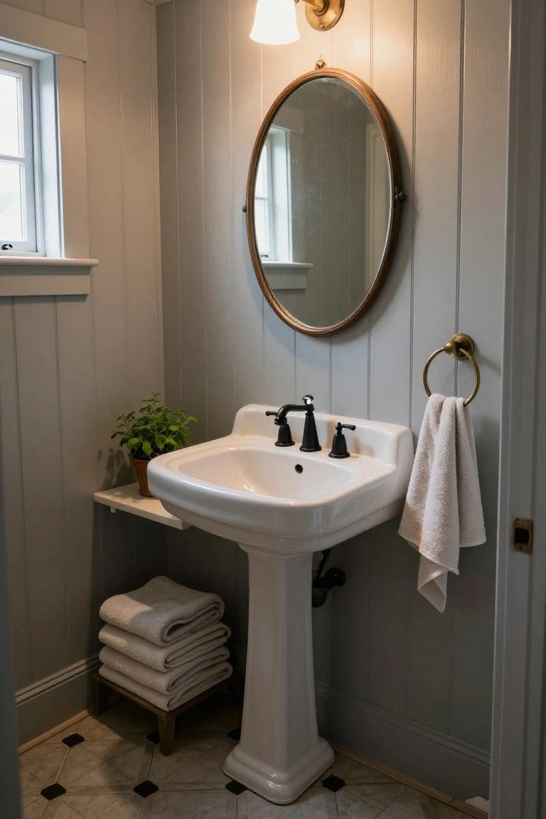Small bathroom featuring light gray shiplap walls, white pedestal sink with three black faucets, round brass mirror, brass towel ring with white towel, stacked towels on a stool, potted mint plant on a shelf, and black-and-white checkered floor tiles.