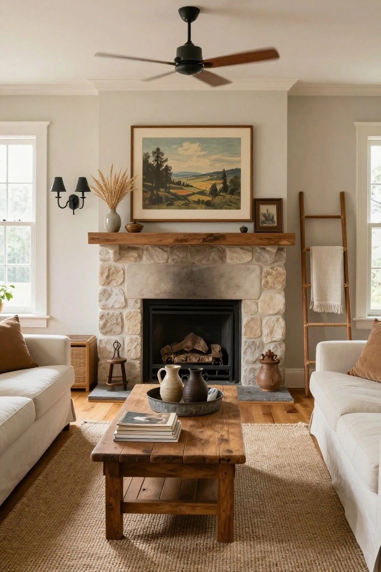 Living room with central stone fireplace topped by wooden mantle holding pottery and wheat sheaf, flanked by white slipcovered sofas, wooden coffee table on seagrass rug, and ladder with throw blanket.