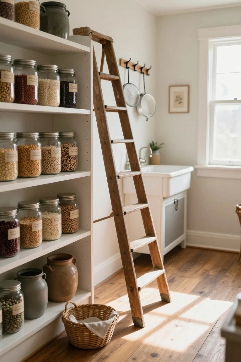Tall white wooden shelving unit filled with labeled glass jars of beans, grains, nuts, and legumes, with a wooden step ladder leaning against it next to a white farmhouse sink and hanging pots in a light kitchen space.