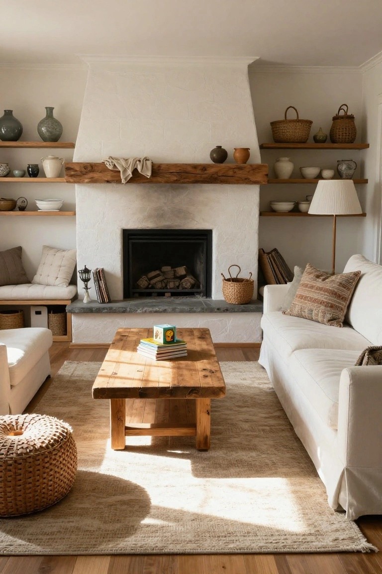 Living room interior with a tall white brick fireplace featuring a thick wooden mantel, side shelves holding pottery and baskets, a beige sofa, wooden coffee table, woven pouf, and hardwood floors.