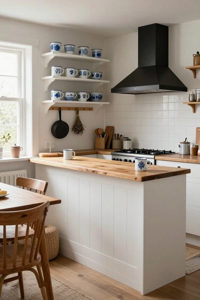 Farmhouse kitchen interior with white paneled cabinets, light wood butcher block countertops on peninsula and workspace, open shelves holding blue and white enamelware mugs, black hood over gas stove, and wooden chairs at a small table.