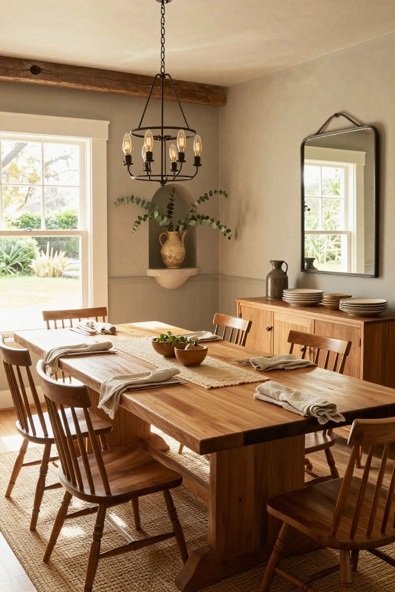 A sunlit interior dining room with a long rectangular wooden trestle table, matching wooden chairs, beige linen napkins and runner, wooden sideboard with stacked plates and jugs, potted eucalyptus in a niche, round mirror, and black metal chandelier hanging above, with windows showing a garden view.