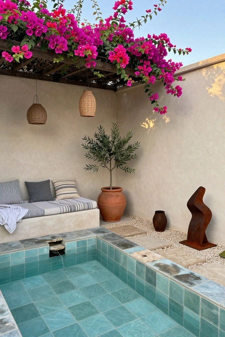 Small turquoise-tiled plunge pool in a beige-walled outdoor patio under wooden pergola draped with pink bougainvillea, low beige bench with gray and striped cushions and white throw, olive tree in large terracotta pot, two woven hanging lanterns, rust metal sculpture, pebble and stone ground.