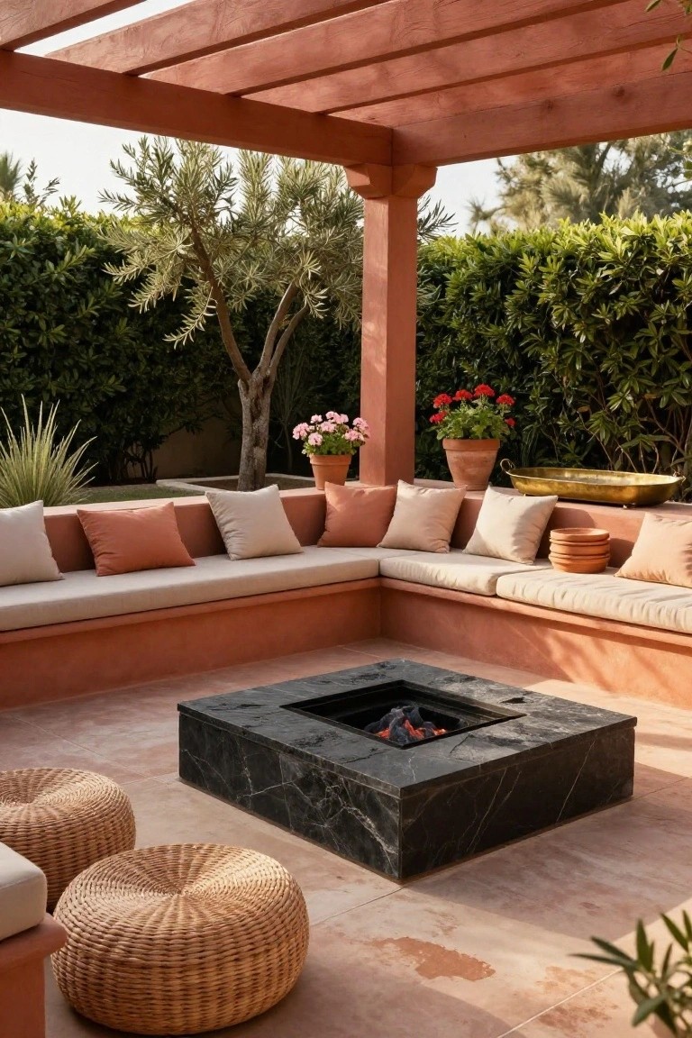 Outdoor patio under a red wooden pergola featuring L-shaped built-in beige benches with orange and cream cushions along terracotta walls, centered on a black stone fire pit with flames, surrounded by potted plants and greenery.