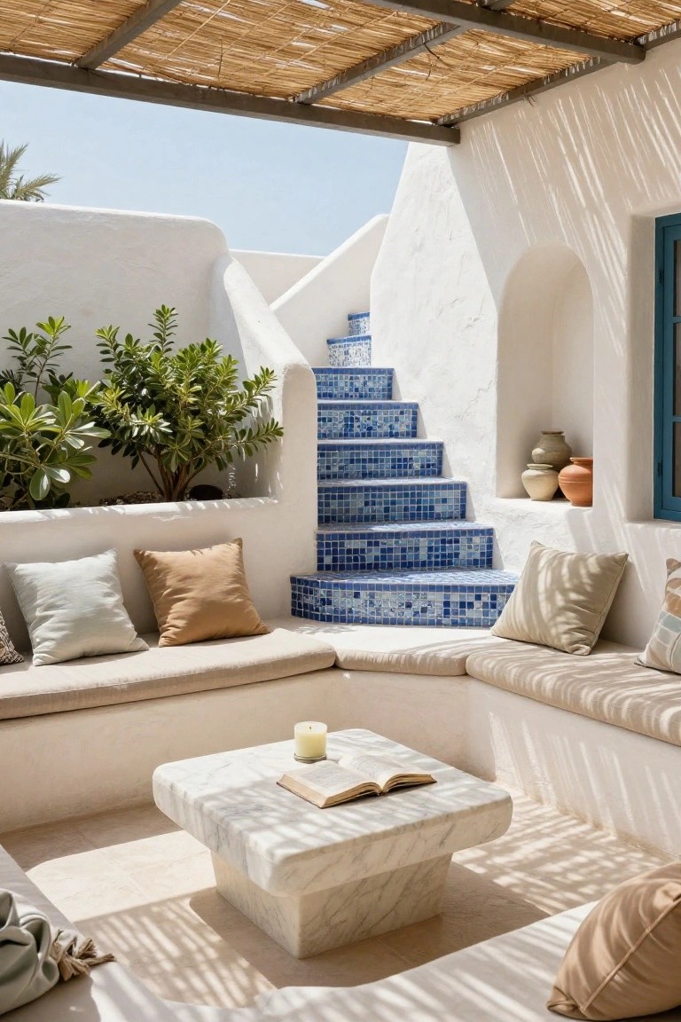 White stucco outdoor patio under a thatched pergola with built-in beige benches and neutral cushions, blue mosaic tiled stairs, low white marble table with open book and candle, potted plants, and terracotta pots.