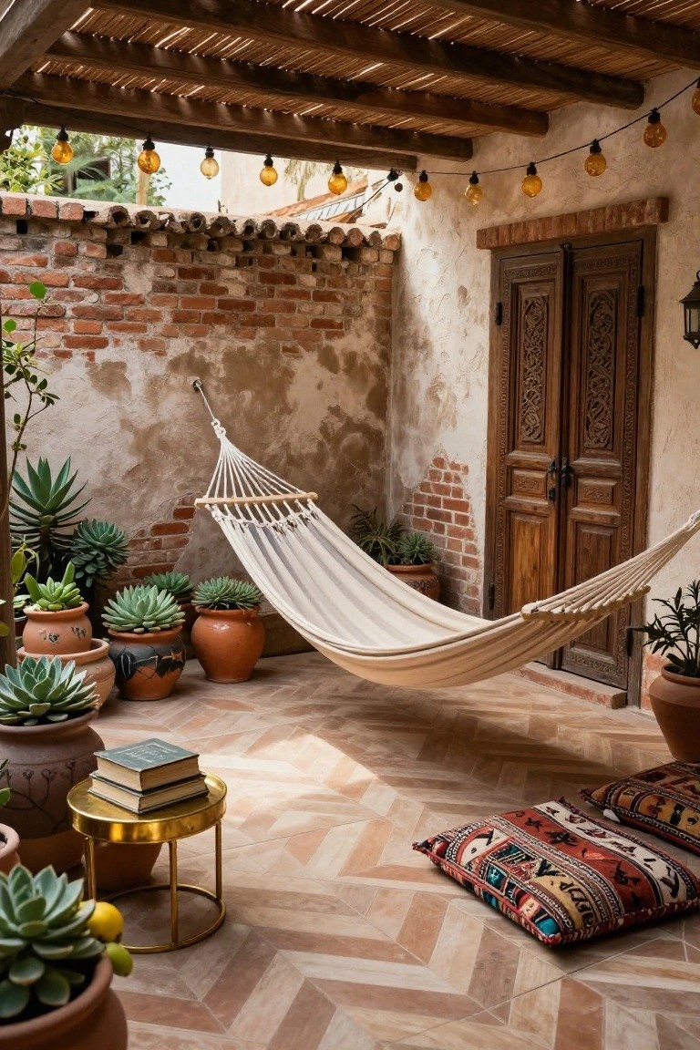 A white hammock strung in a shaded courtyard patio with brick and plaster walls, terracotta pots of succulents, a gold side table holding stacked books, colorful patterned floor pillows, overhead string lights, and carved wooden double doors.