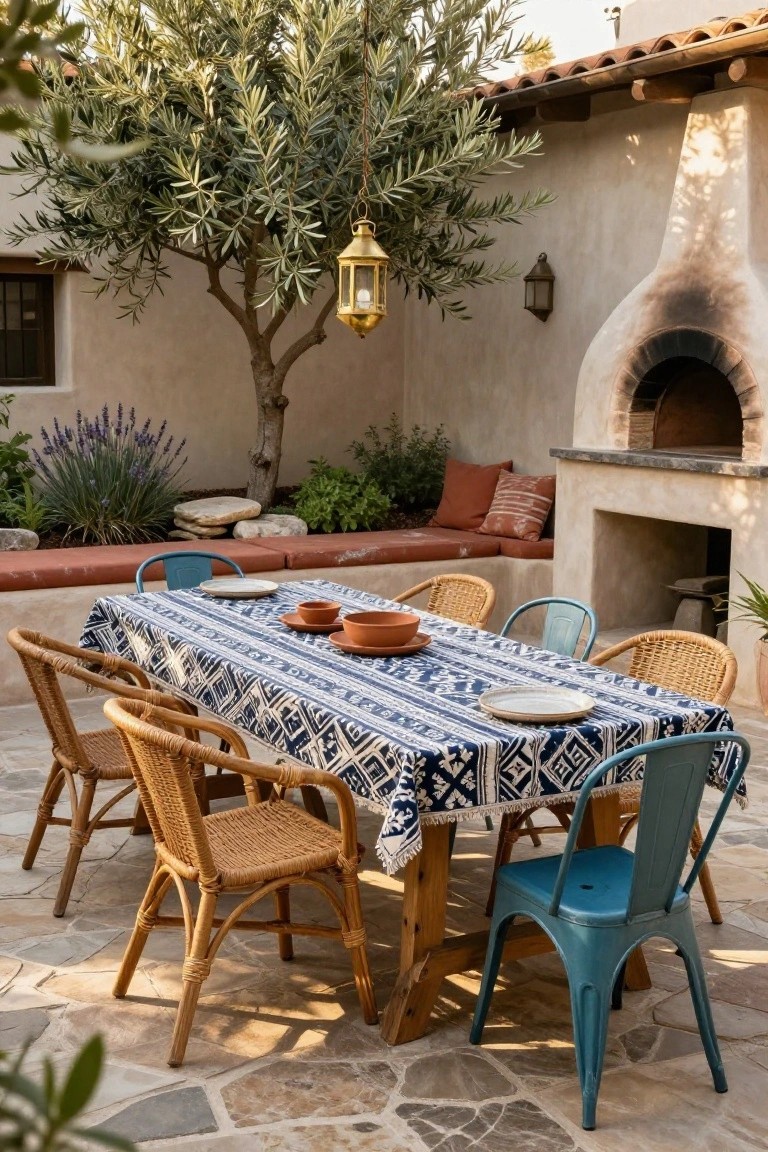 Outdoor patio with a long table covered in blue and white patterned cloth, surrounded by mixed rattan and blue metal chairs, a wood-fired oven built into the wall, hanging lanterns, and an olive tree nearby.