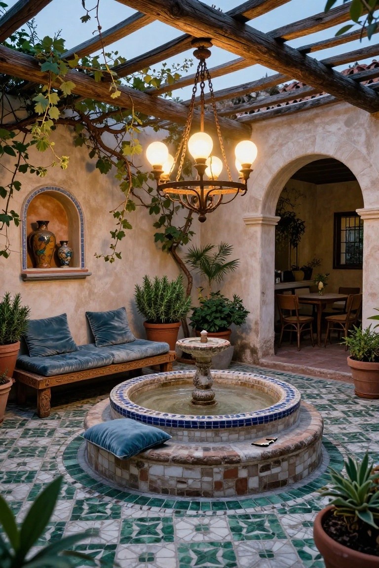 Outdoor Mediterranean-style patio courtyard with central blue-and-white tiled fountain, curved wooden bench with blue cushions and pillows, potted plants, climbing vines, wooden pergola overhead with hanging lantern, and green mosaic tiled floor.