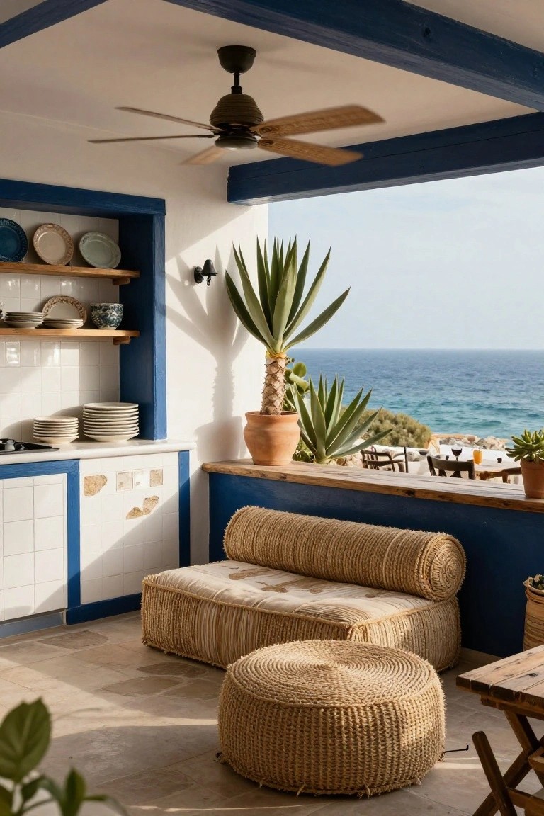 Balcony kitchen area with blue-trimmed white cabinets and tiled counters, open shelves holding plates and bowls, potted agave plants, rattan sofa and pouf, wooden ledge with chairs overlooking the ocean.