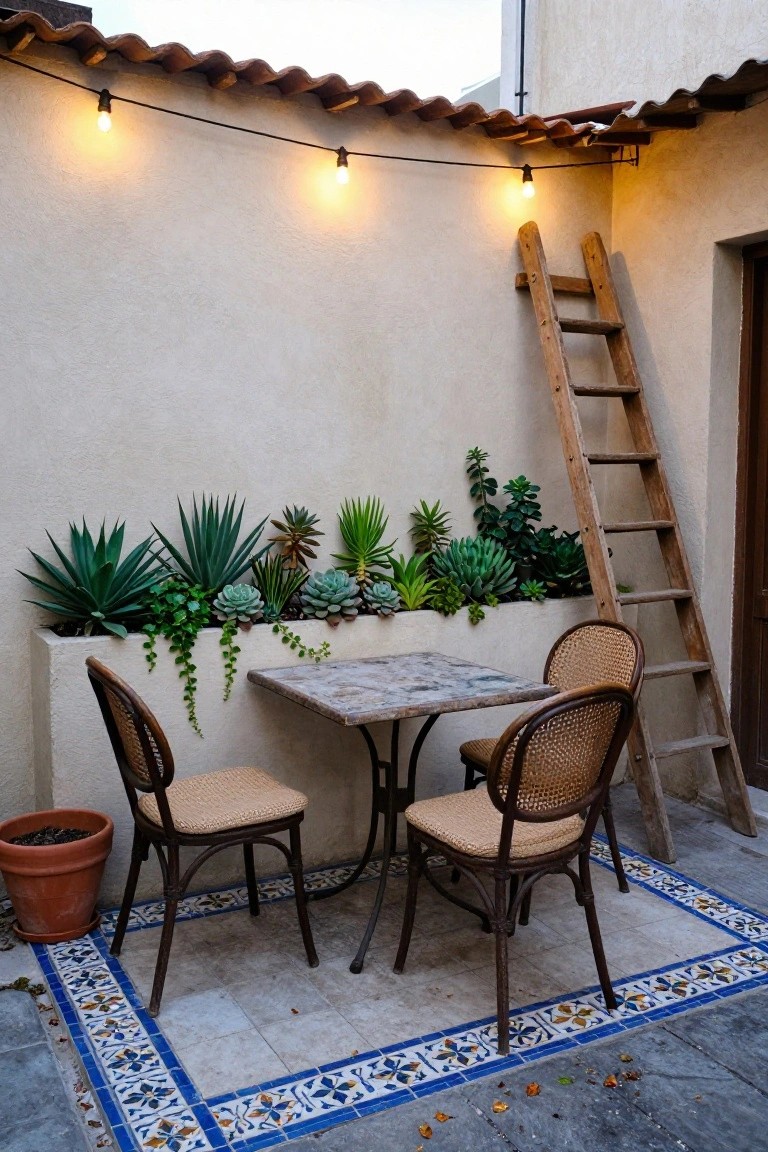 Small outdoor patio featuring a square stone-top table with two rattan armchairs, a long horizontal succulent planter along the beige stucco wall, a leaning wooden ladder, string lights overhead, a terracotta pot, and a blue and white tiled floor border.