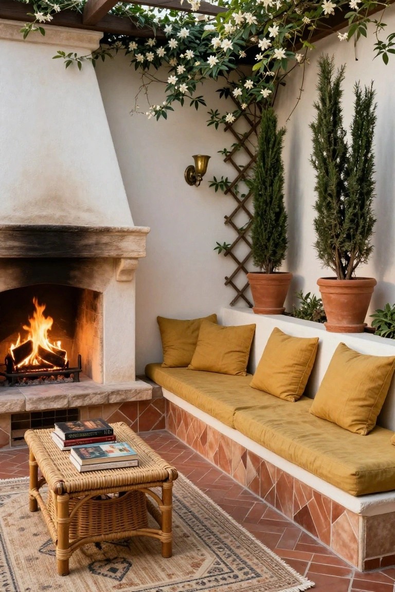 Outdoor patio with a lit rustic stone fireplace built into a white stucco wall, adjacent built-in bench with yellow cushions, rattan coffee table holding stacked books, terra cotta pots with tall cypress trees on trellises, and white flowering vines draping a wooden pergola overhead on terracotta tiled flooring.