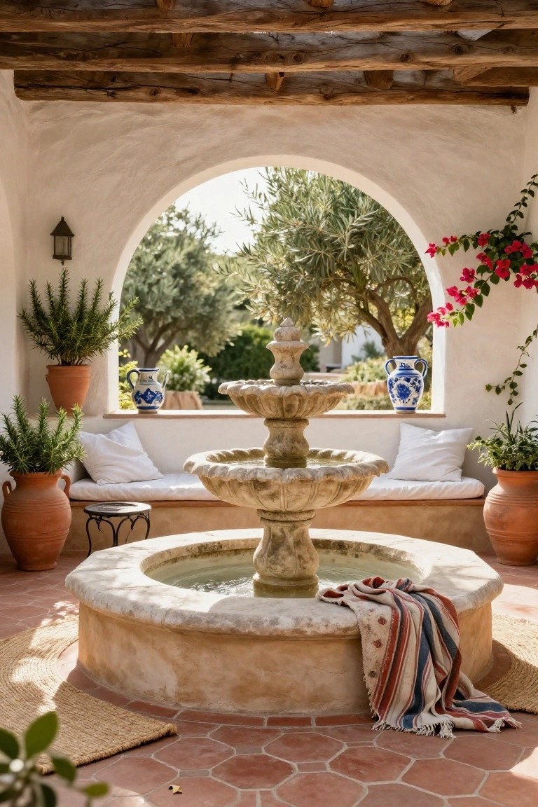 Stone Fountain as Patio Centerpiece