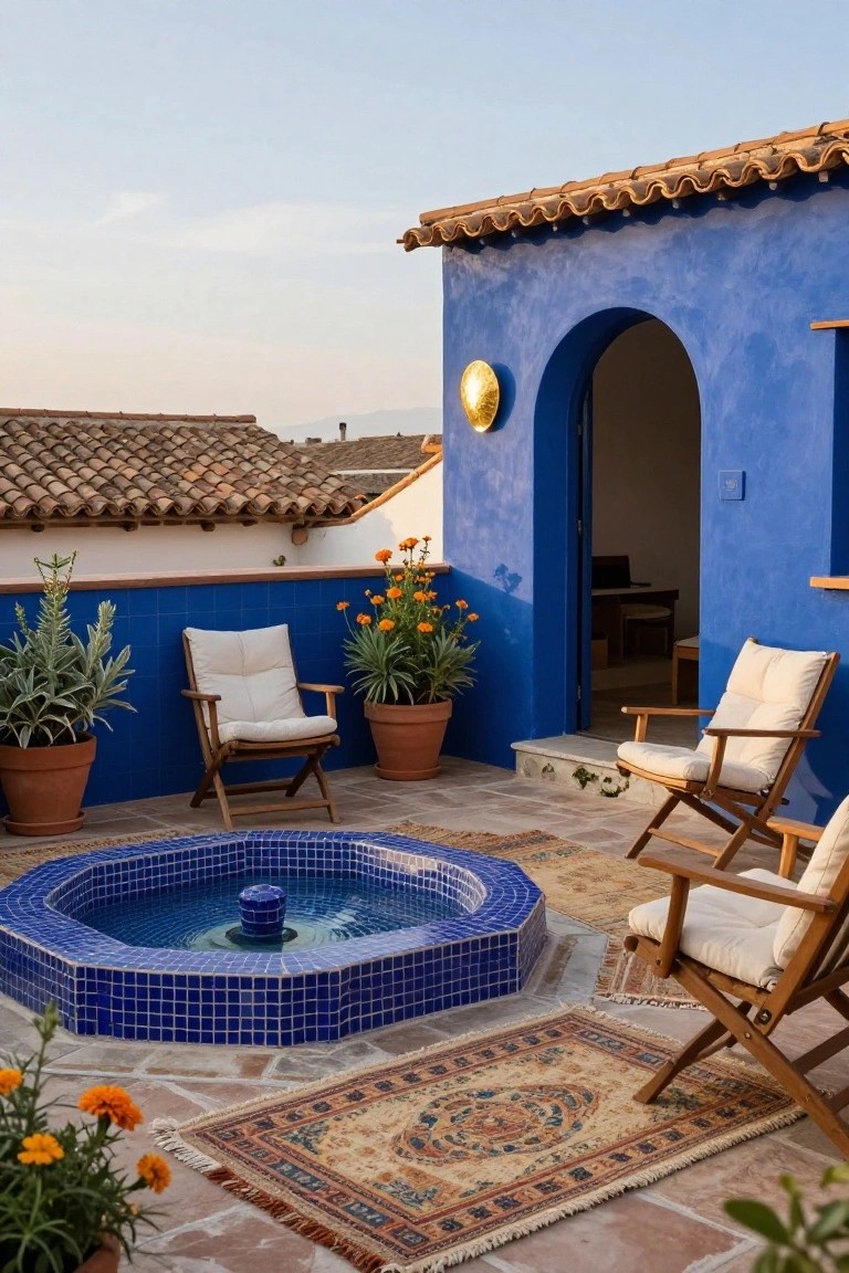 Rooftop terrace with central octagonal blue-tiled fountain pool, surrounded by folding wooden chairs with white cushions, potted plants, orange flowers, a Persian rug, and an open arched doorway in a blue wall, adjacent to white buildings with terracotta roofs under a partly cloudy sky.