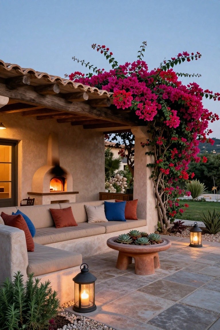Outdoor patio at dusk with lit wood-fired oven built into stucco wall, low beige L-shaped sofa with colorful pillows, terracotta stool holding potted succulents, climbing pink bougainvillea on pergola beams, two lanterns on terracotta tile floor.
