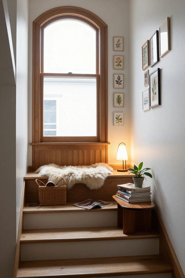 Wooden arched window seat built into a light oak staircase with a white sheepskin throw, woven basket, books, potted plant, lamp on a small side table, and botanical prints on the white wall.