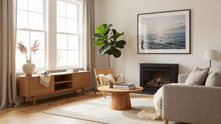A sunlit Scandinavian living room with a black fireplace mantel and gas fire, gray sofa with sheepskin throw, round oak coffee table stacked with books, wooden sideboard, potted plants, and large window with sheer curtains.