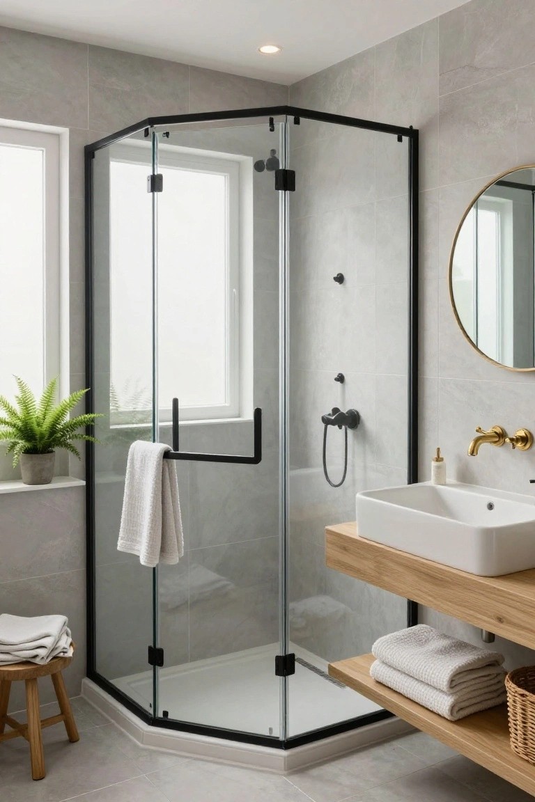 Corner glass shower enclosure with black metal frame in a bathroom with gray tiled walls and floor, floating wooden vanity holding a white sink, gold faucet, potted fern plant, and stacked towels.