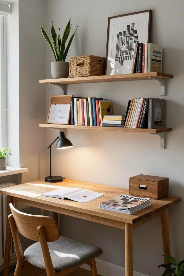 A corner home office with floating oak shelves holding books, plants, and art above a wooden desk with an open book, magazine stack, desk lamp, and wooden chair by a window.